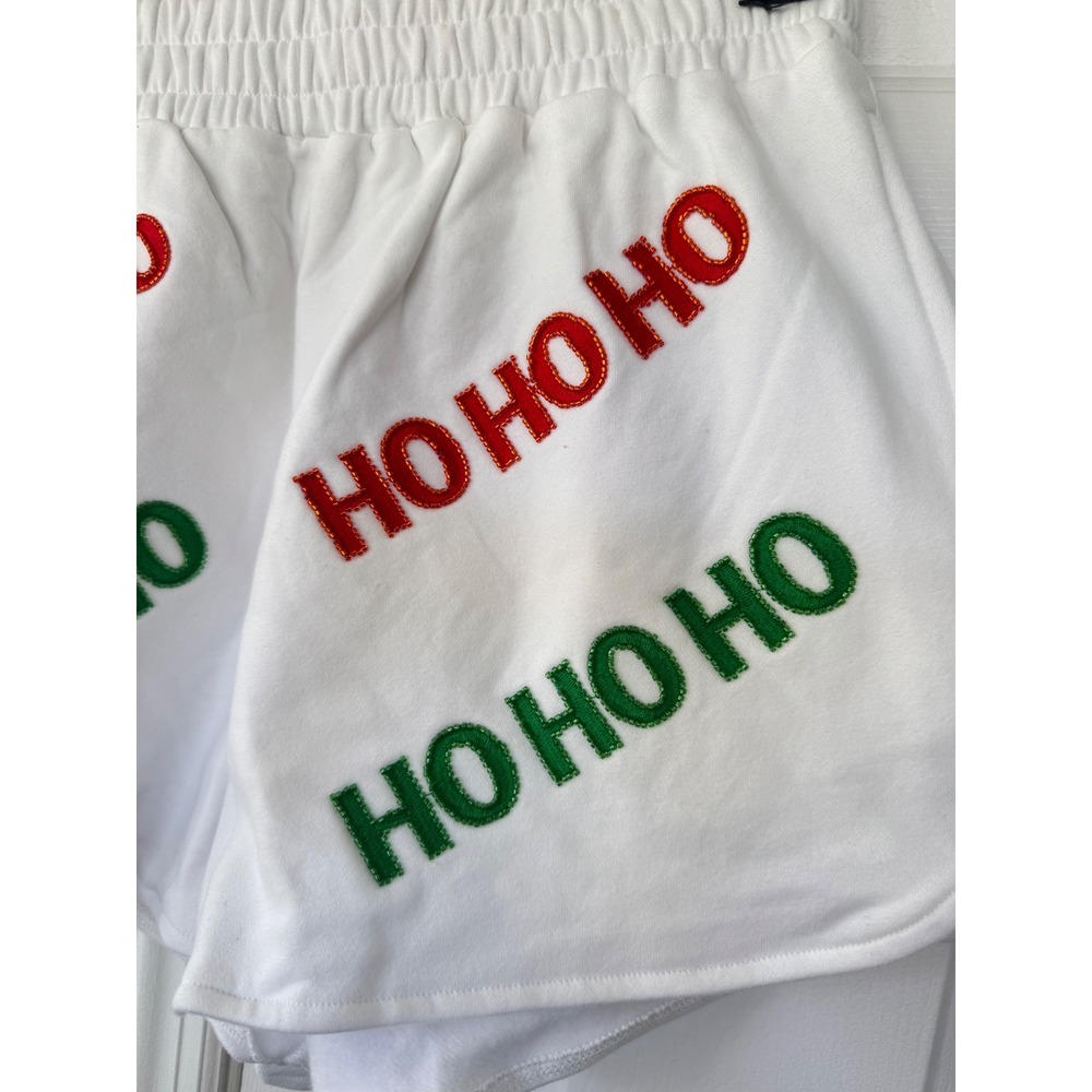 Queen of Sparkles White Ho Ho Ho Christmas Shorts Sequin Chenille Patch Womens M - Picture 2 of 4